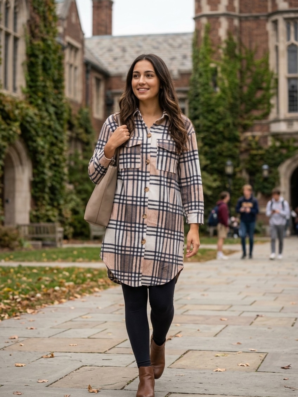 Sunday Plaid Button-Front Shacket in Beige and Black
